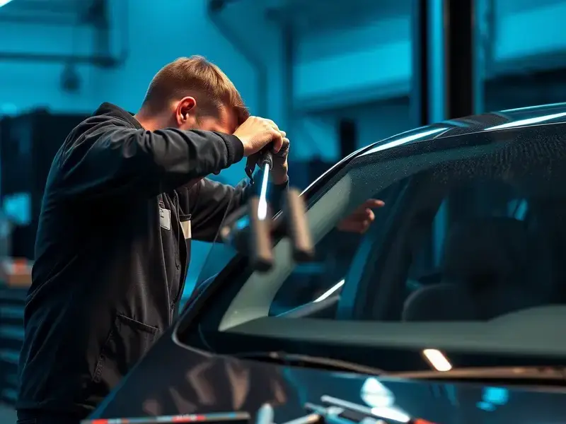 Windshield replacement in progress